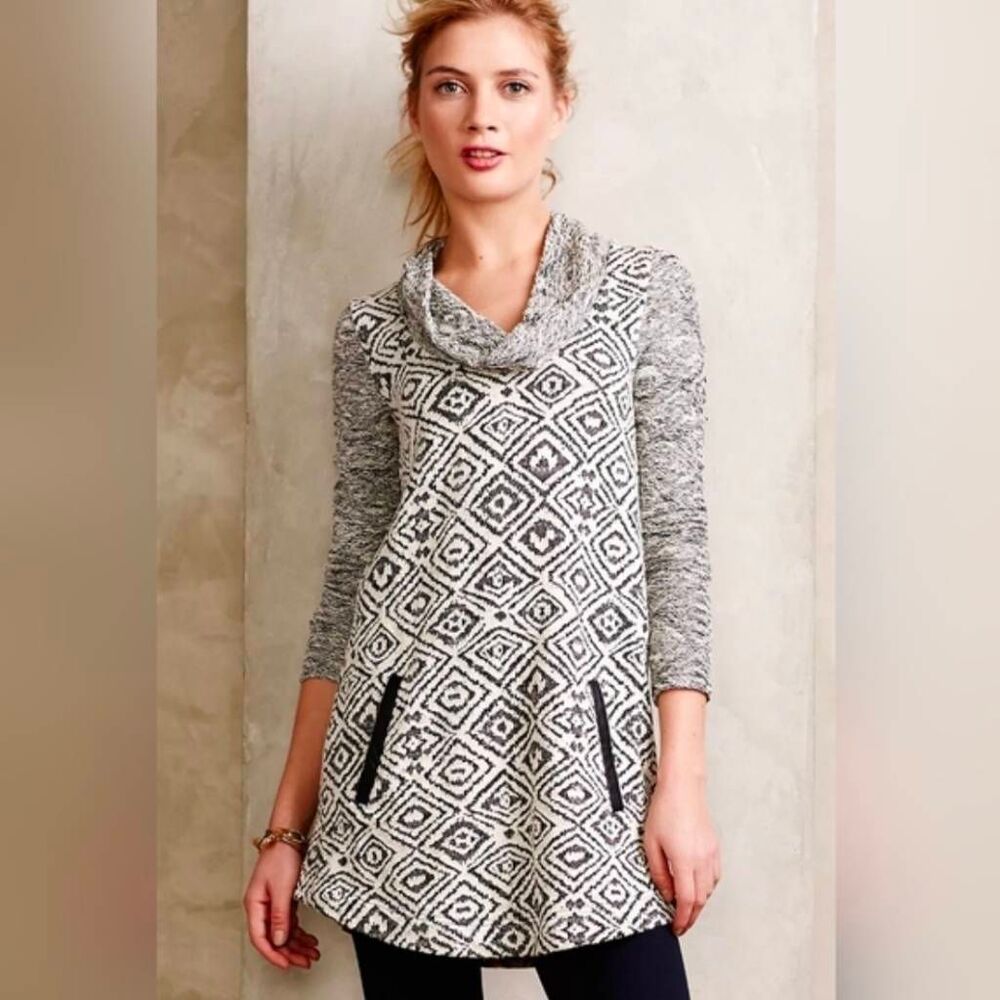 🔸️Anthropologie Postmark Gray & Cream Konya Cowl Neck Tunic Sweater Small